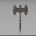 Vintage Double Bladed Metal Axe Weapon With Wooden Handle And Metal Accents