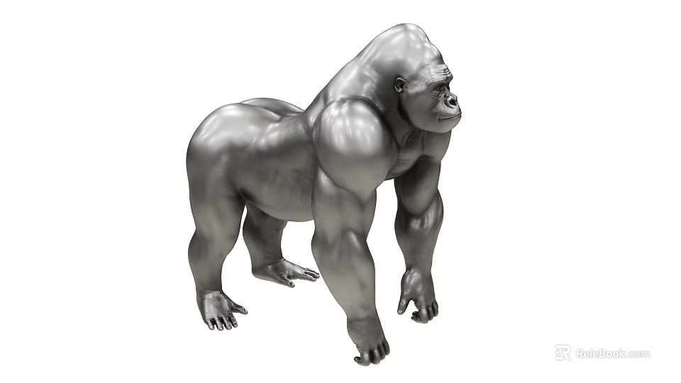 Detailed Artistic Silver Muscular Gorilla Sculpture In Standing Pose With Metallic Finish 3d model 