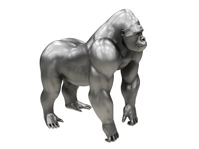 Detailed Artistic Silver Muscular Gorilla Sculpture In Standing Pose With Metallic Finish 3d model