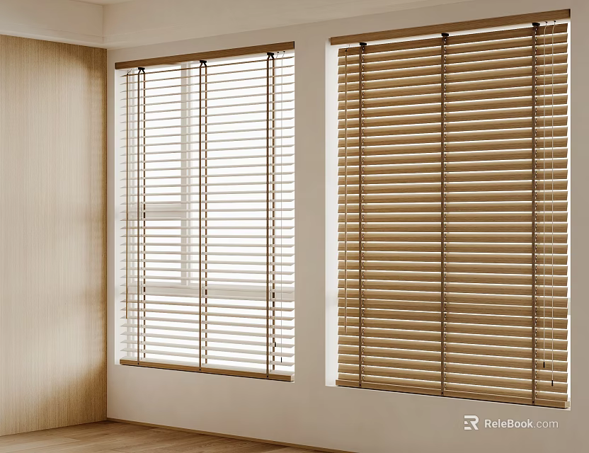 Wooden Window Blinds in Modern Room with Light Control and Natural Tone Design 3d model 