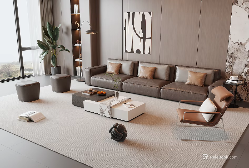 Elegant Modern Sofa Coffee Table Set With Grey Sofa Pillows Floor Lamp And Green Plant 3d model 