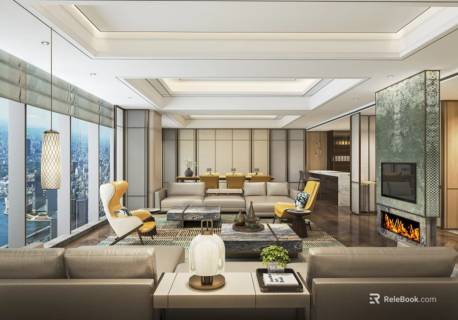 Hotel Guest Room With Modern Design Large Windows City View Sofa And Fireplace 3d model 