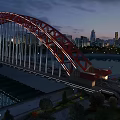 Aerial Planning of Red Arch Bridge With City Night View And River Illumination