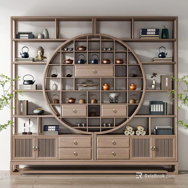 Traditional Chinese Wooden Antique Display Shelf Featuring Circular Compartments Teapots And Books 3d model 