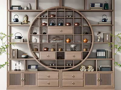 Traditional Chinese Wooden Antique Display Shelf Featuring Circular Compartments Teapots And Books 3d model