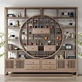 Traditional Chinese Wooden Antique Display Shelf Featuring Circular Compartments Teapots And Books