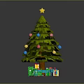 Wooden Christmas Tree With Colorful Balls Star And Green Red Blue Gift Boxes On Base