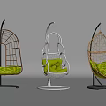 Three Stylish Wicker Hanging Chairs With Green Cushions And Metal Base Stands