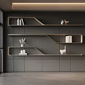 Modern Minimalist Wooden Wall Mounted Shelves on Gray Wall with Decorative Books Vases and Figurines