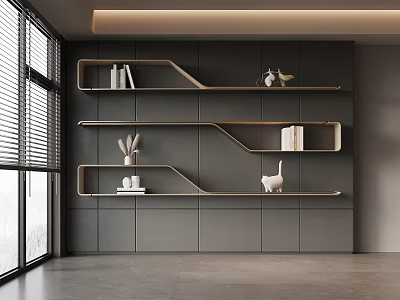 Modern Minimalist Wooden Wall Mounted Shelves on Gray Wall with Decorative Books Vases and Figurines 3d model