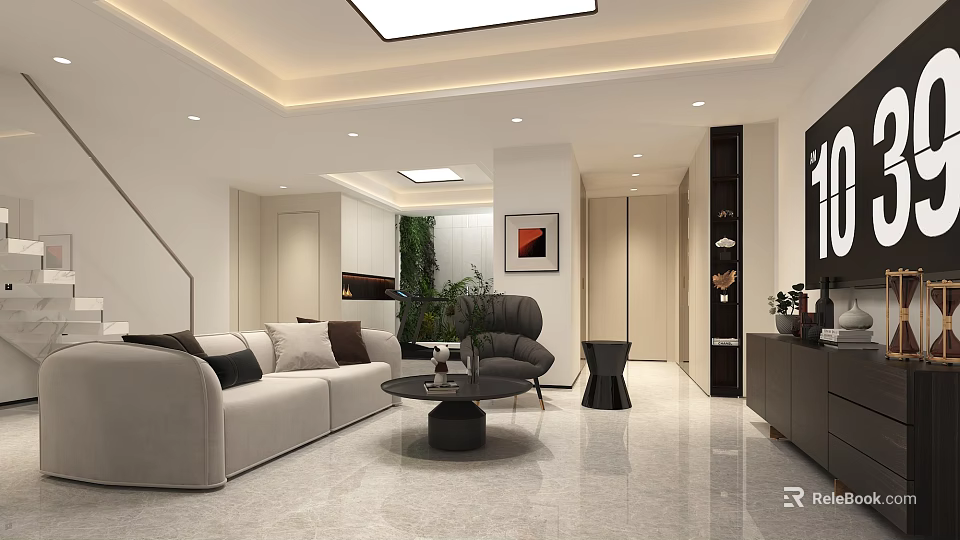 Modern Lounge Room Interior With Beige Sofa Armchair Coffee Table And Decorative Painting 3d model 