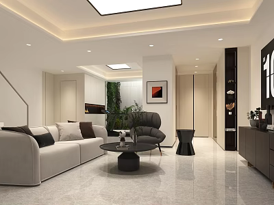 Modern Lounge Room Interior With Beige Sofa Armchair Coffee Table And Decorative Painting 3d model