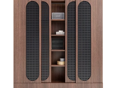 Wooden Bookcase With Black Perforated Side Panels And Open Shelves Holding Books Decor Items 3d model
