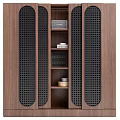 Wooden Bookcase With Black Perforated Side Panels And Open Shelves Holding Books Decor Items