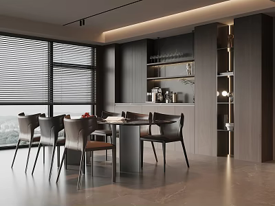 Modern Restaurant Interior Featuring Dining Table Chairs Large Windows And Cabinets 3d model