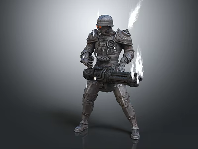 Futuristic Armored Warrior Character With Heavy Weapon And Energy Flames On Back Sci-Fi Design 3d model