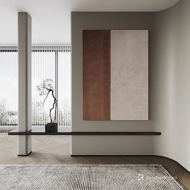 Modern Interior Scene With Two Tone Wall Art Console Table And Decorative Plant 3d model