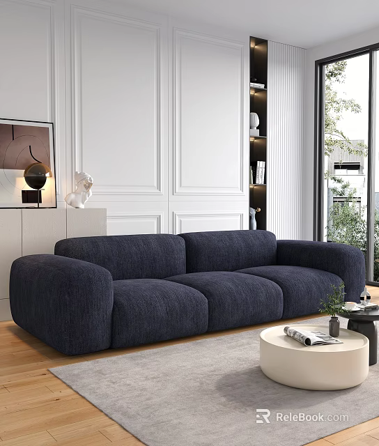 Modern Navy Blue Three Seater Sofa Plush Fabric Living Room With Large Window Greenery View 3d model 