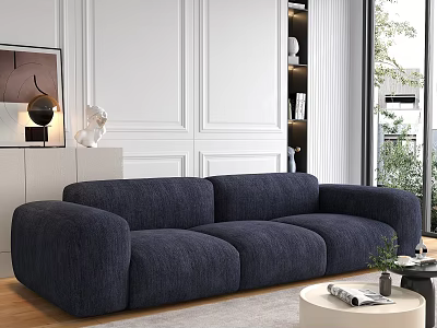 Modern Navy Blue Three Seater Sofa Plush Fabric Living Room With Large Window Greenery View 3d model
