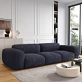 Modern Navy Blue Three Seater Sofa Plush Fabric Living Room With Large Window Greenery View