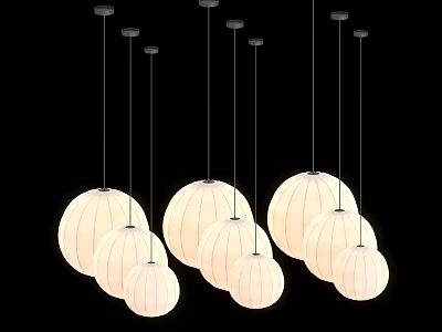 Modern White Spherical Pendant Lights Hanging In Black Background With Various Sizes 3d model