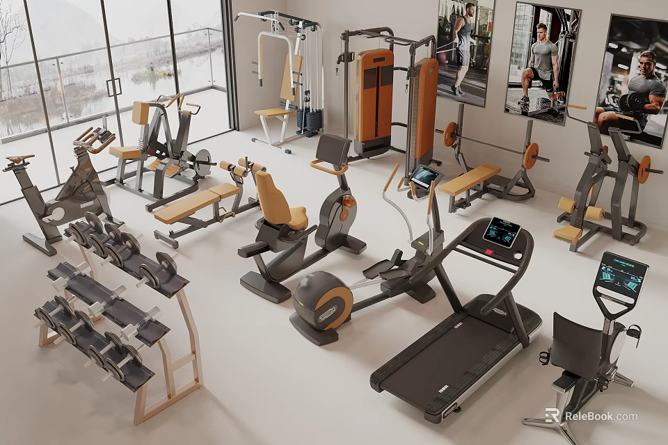 Modern Gym Fitness Equipment With Treadmill Dumbbell Rack Exercise Bike And Bench Press 3d model 