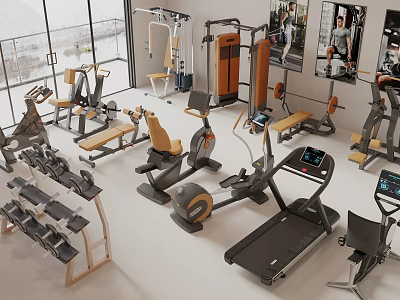 Modern Gym Fitness Equipment With Treadmill Dumbbell Rack Exercise Bike And Bench Press 3d model