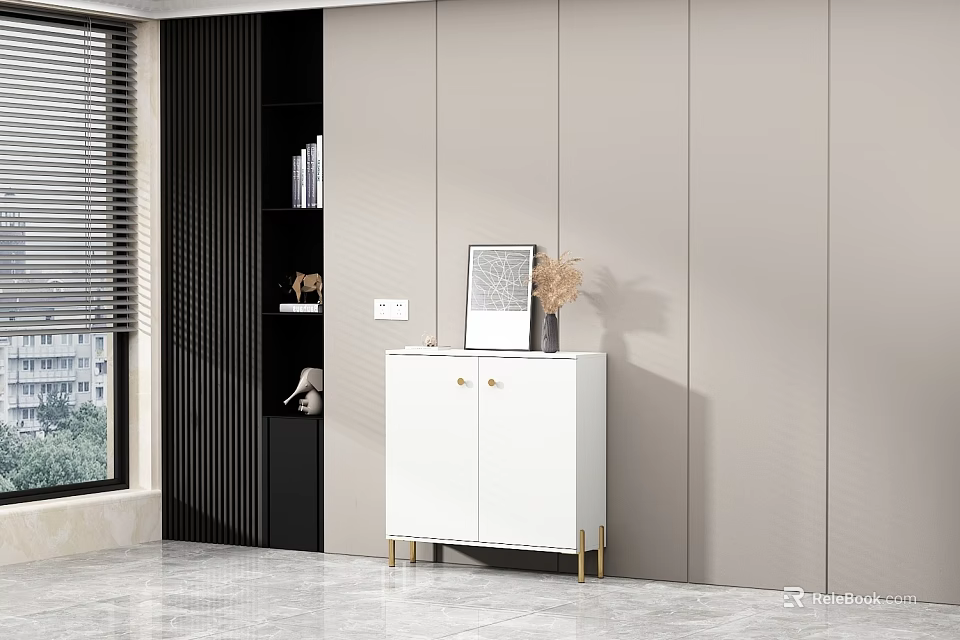 Modern White Sideboard with Gold Legs and Black Decorative Cabinet on Light Gray Wall 3d model 