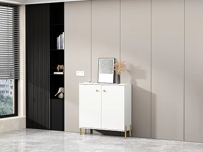 Modern White Sideboard with Gold Legs and Black Decorative Cabinet on Light Gray Wall 3d model