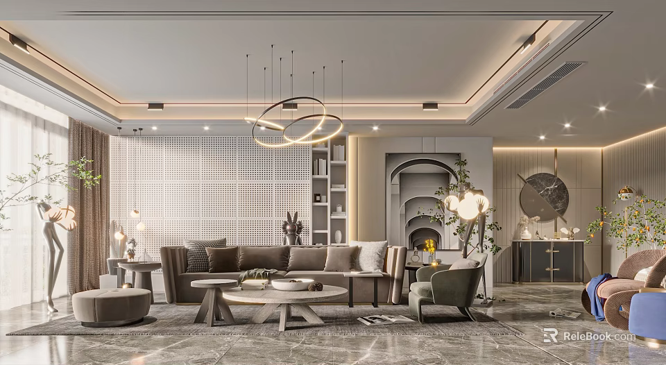 Living Room Interior Design With Brown Sofa Circular Pendant Lights And Green Plants 3d model 