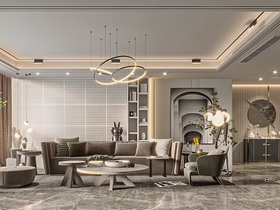 Living Room Interior Design With Brown Sofa Circular Pendant Lights And Green Plants 3d model