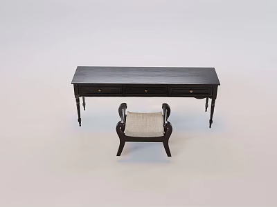 Long Black Classic Dining Table With Drawers And Matching Chair With Light Cushion 3d model