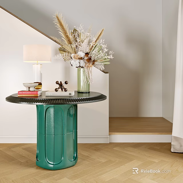 Modern Foyer Hallway With Green Side Table Lamps And Floral Decor 3d model 