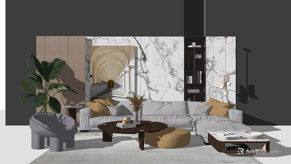 Modern Living Room Sofa And Coffee Table Set With Marble Wall Green Plant And Ottoman 3d model 