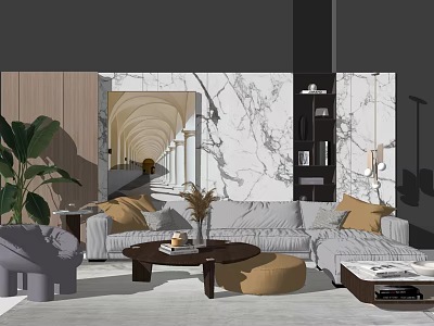 Modern Living Room Sofa And Coffee Table Set With Marble Wall Green Plant And Ottoman 3d model