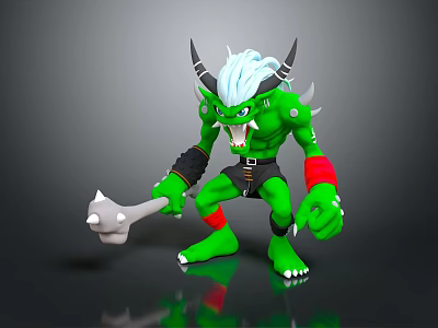 Green Skinned Horned White Haired Fanged 3D Character Wielding Spiked Hammer in Battle Ready Stance 3d model