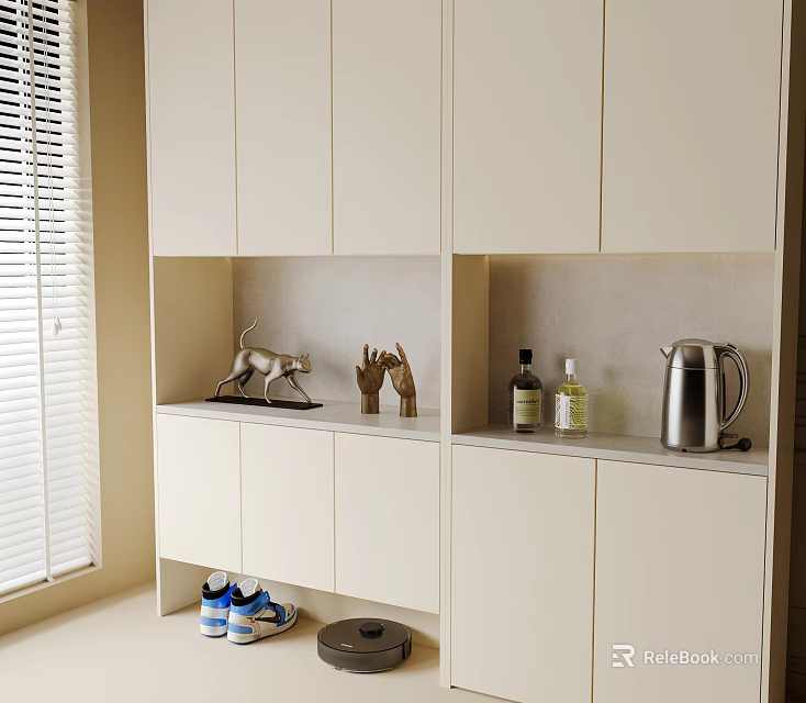 Modern White Shoe Cabinet With Window Blinds Countertop Decorative Items And Shoes 3d model 