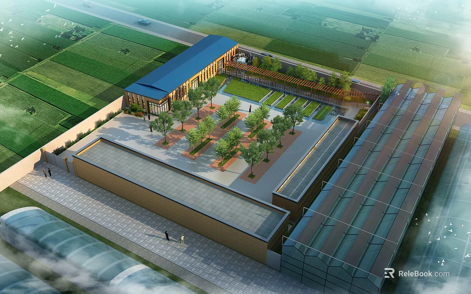 Modern Industrial Factory With Green Courtyard And Landscaped Area Surrounded By Fields 3d model 