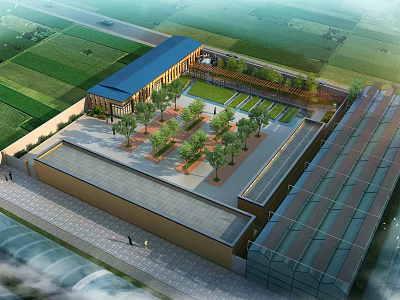 Modern Industrial Factory With Green Courtyard And Landscaped Area Surrounded By Fields 3d model