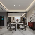Modern Living Dining Room Interior Design Featuring Marble Accent Wall Sofa And Ceiling Lights 3d model