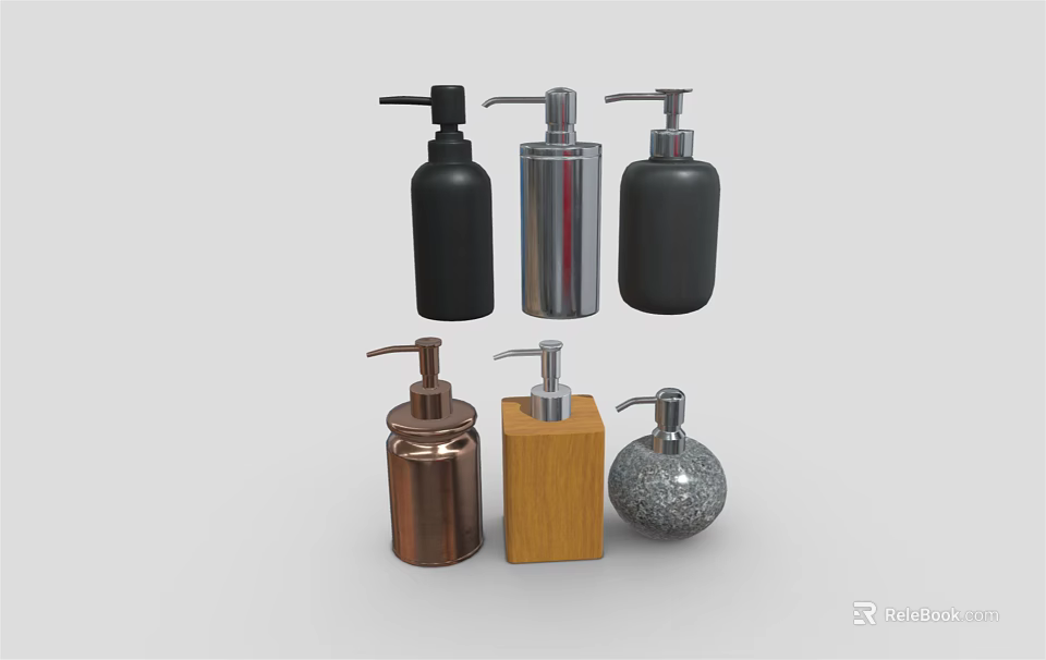 Six Stylish Household Soap Dispensers in Various Materials and Colors for Bathroom and Kitchen 3d model 