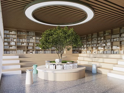 Book Art Themed Library Interior With Circular Pendant Light Wooden Ceiling Bookshelves And Green Plant 3d model