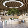 Book Art Themed Library Interior With Circular Pendant Light Wooden Ceiling Bookshelves And Green Plant