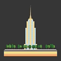 Tall Modern Building With Spire And Green Trees On Square Platform Base 3d model