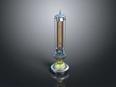 Evening Landscape Featuring Vertical Metal Structure With Yellow Illumination And Reflective Base 3d model