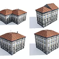 Detailed Building Model With Red Roof Stone Exterior And Multiple Windows From Various Angles