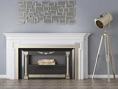 White Fireplace With Gold Accents Stacked Books Gray Wall Interior Geometric Decor And Floor Lamp 3d model
