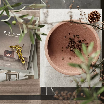 Decorative Ornament Set With Pink Bowl Green Leaves Pine Cone And Magazine For Home Decor 3d model