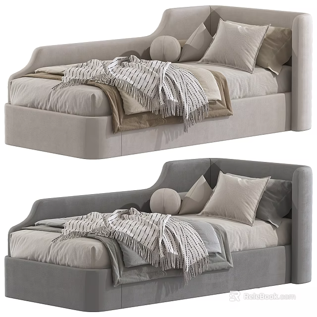 Light Gray and Beige Modern Upholstered Children's Bed with Fringed Blanket and Soft Pillows 3d model 