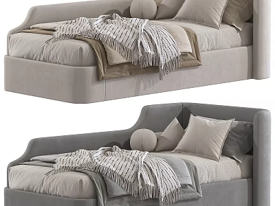 Light Gray and Beige Modern Upholstered Children's Bed with Fringed Blanket and Soft Pillows 3d model